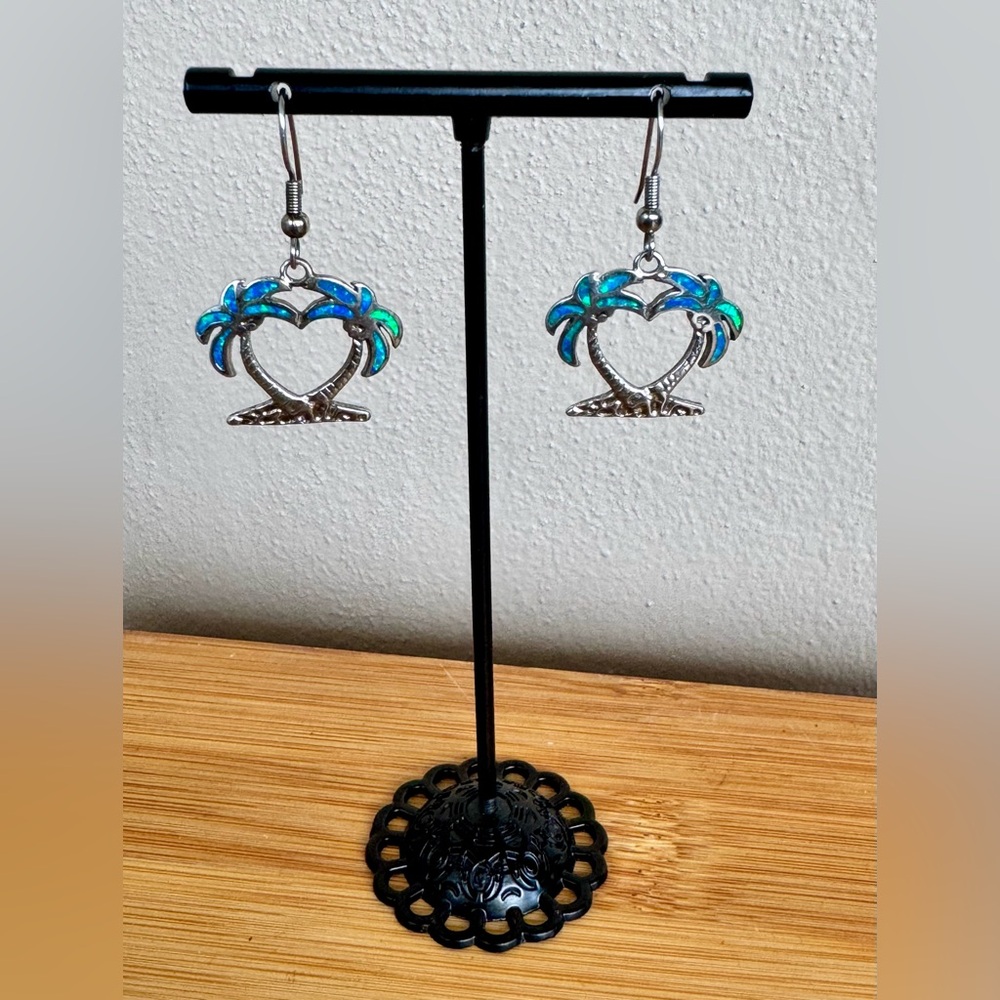 925 Sterling Silver Blue Opal Heart/Palm Tree Shape Dangle Earrings French Wire - Picture 4 of 10